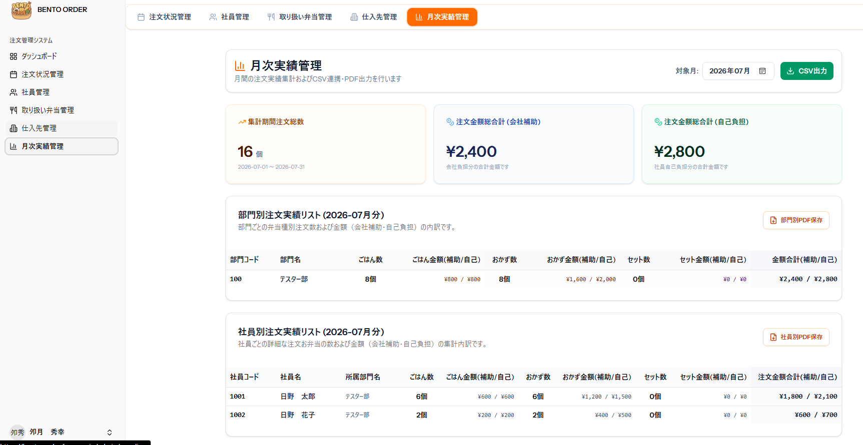 月次実績管理画面
